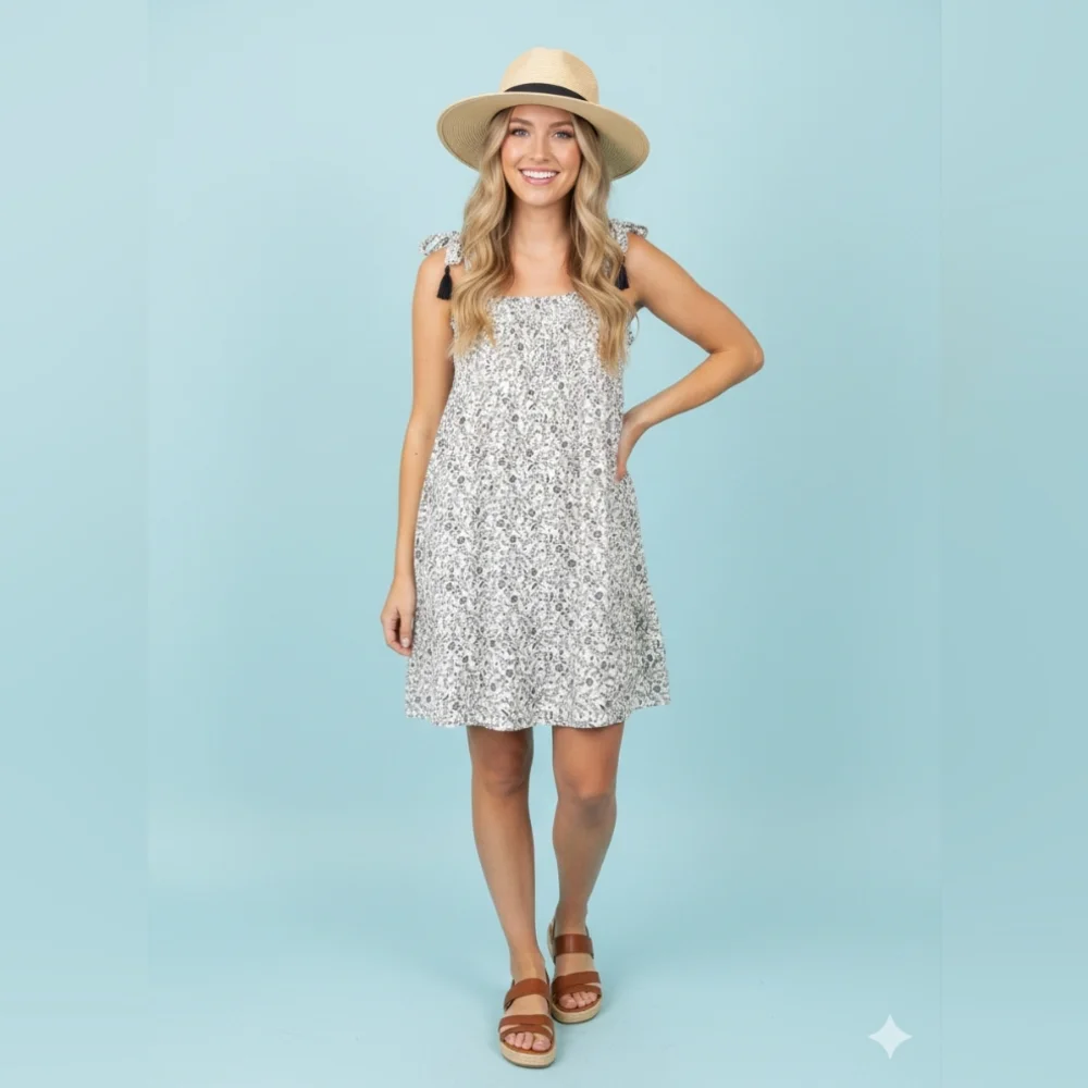 NWT Old Navy Floral Babydoll Smocked Dress Tie Shoulder Straps w Pockets - Picture 10 of 15